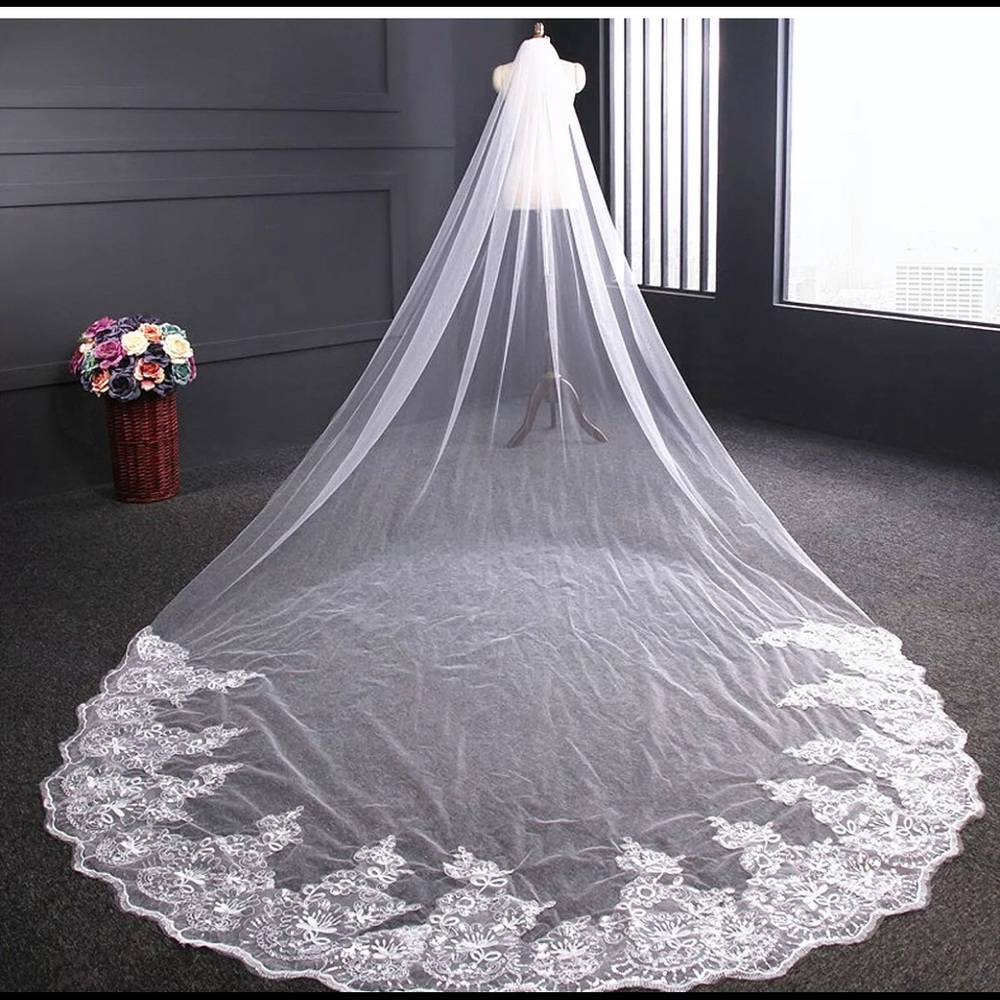 New super long 1T cathedral lace edge veil